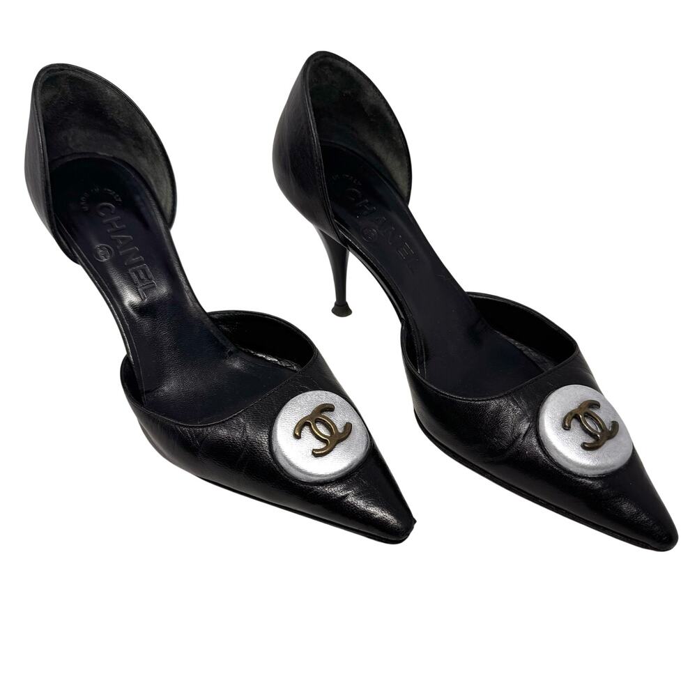 Chanel Vintage Black Leather D’Orsay Pumps Large CC Logo Medallion Size 36.5